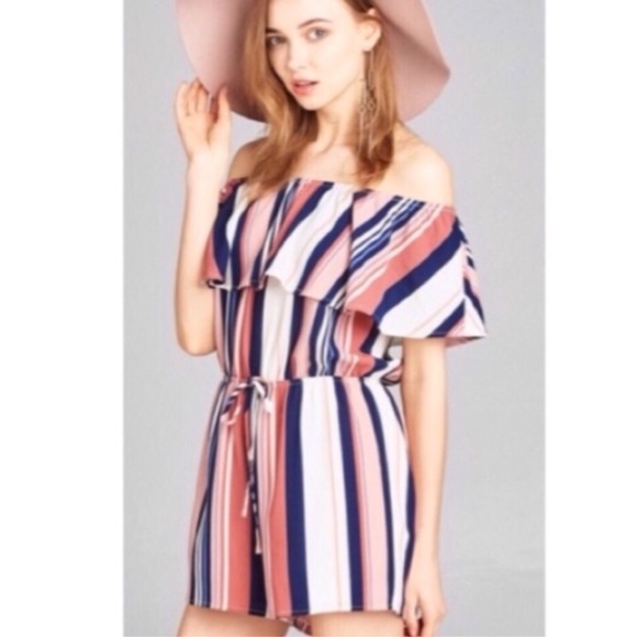 Striped Off Shoulder Romper - Picture 2 of 5